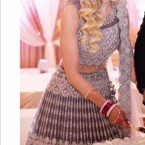Elegant Embellished Gray and Pink Lehenga
